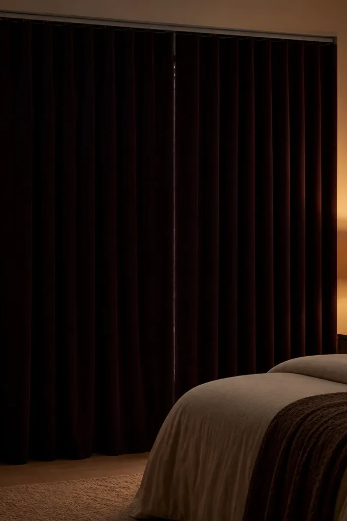 Black velvet curtains with a smooth, centered overlap over a sliding door