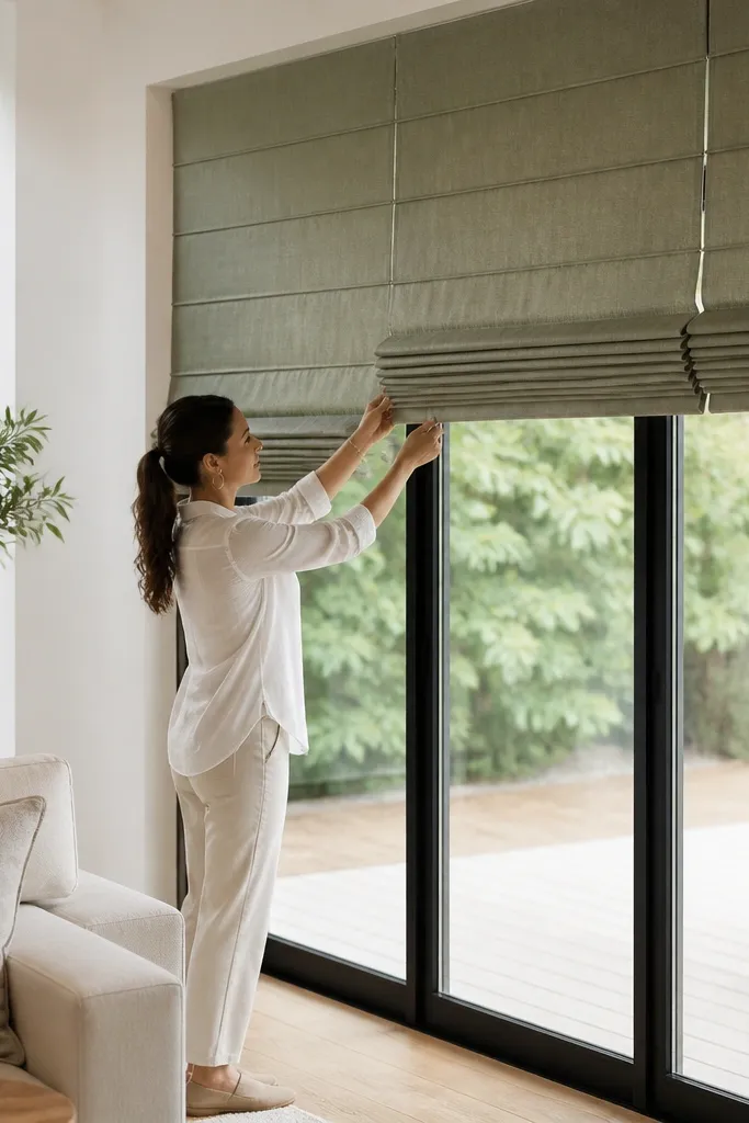 Fabric curtain panels with controlled pleats over a sliding door opening