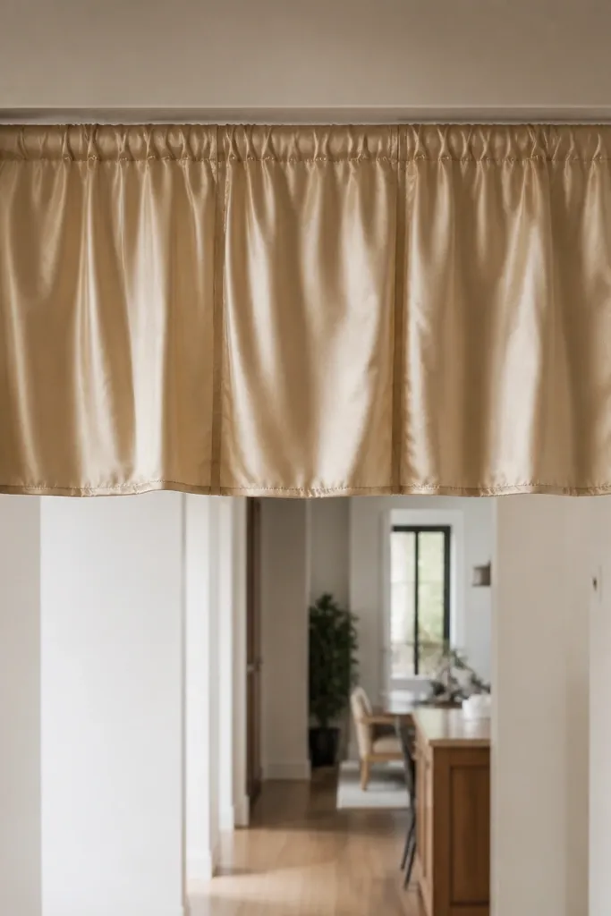 Short faux silk curtain panels mounted above a sliding door