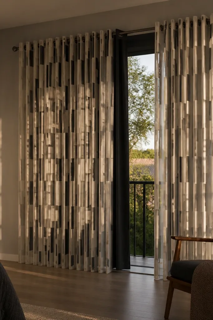 Sheer geometric curtains layered over solid blackout drapes on a sliding door