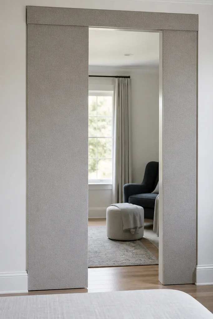 Fabric wrap panels that fold neatly along a pocket door opening