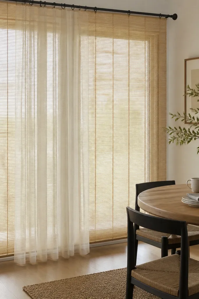 Bamboo shades with sheer overlay curtains on a sliding door