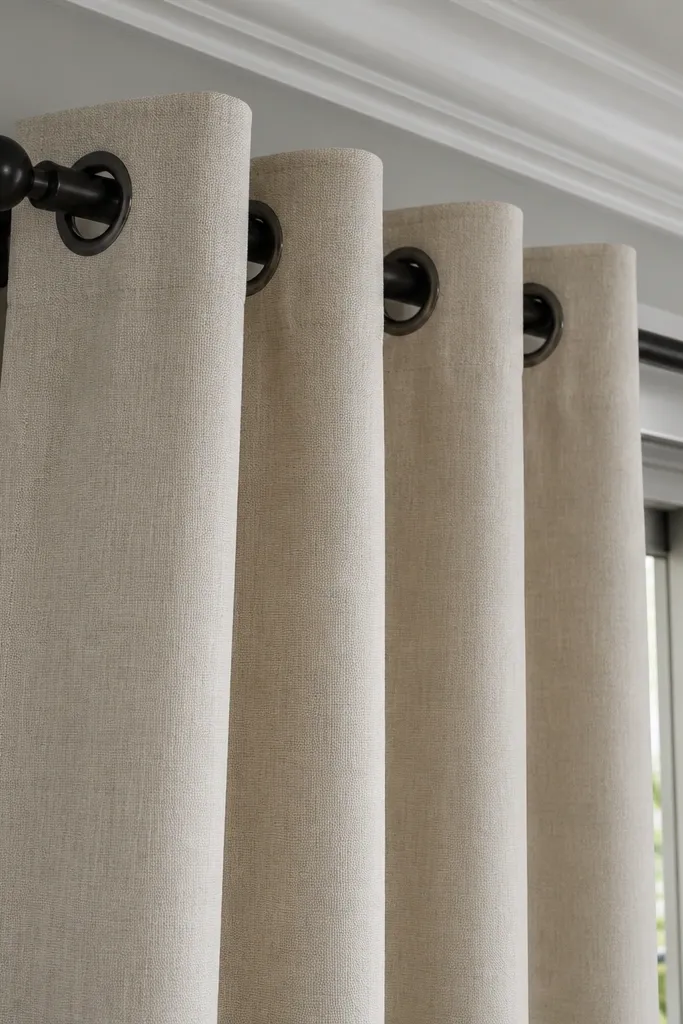 Grommet curtains on a black steel rod with wide overlap