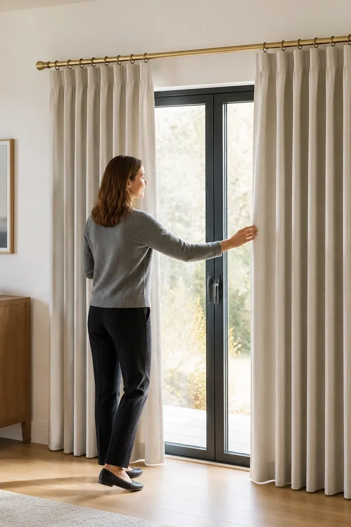 Pinch-pleat curtains on a brushed brass rod over a sliding door