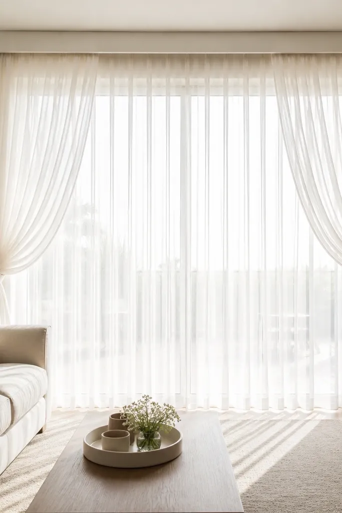 Two sheer curtain wings folded to the sides around a sliding door opening
