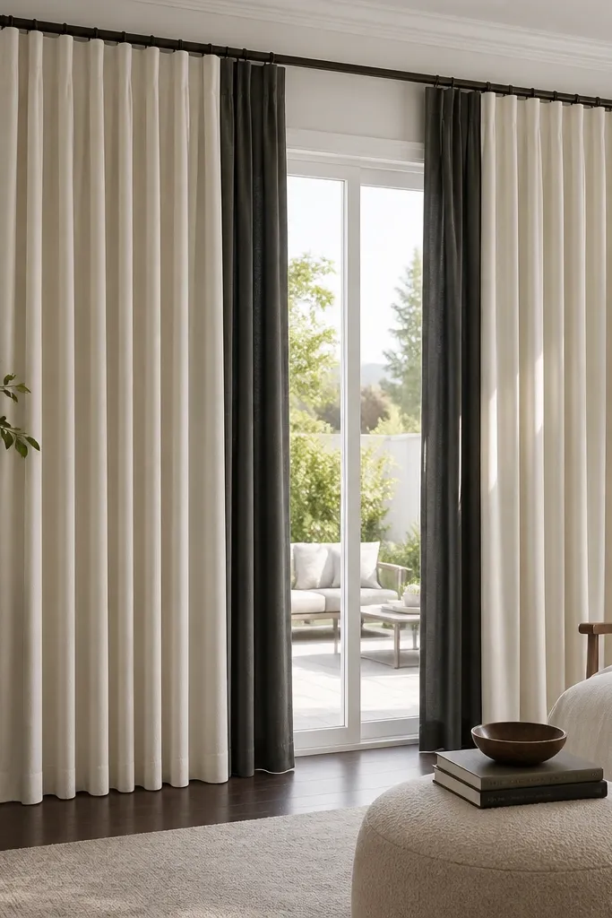 Two-tone curtain panels overlapping at center over a sliding door