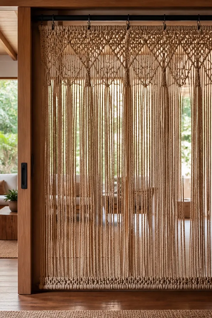 Macramé fringe curtain with a straight, weighted bottom over a sliding door