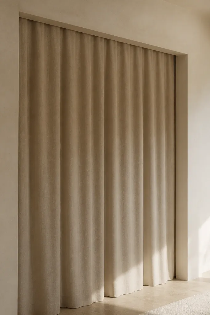Curtain track hidden in a recessed ceiling with fabric panels covering a sliding door