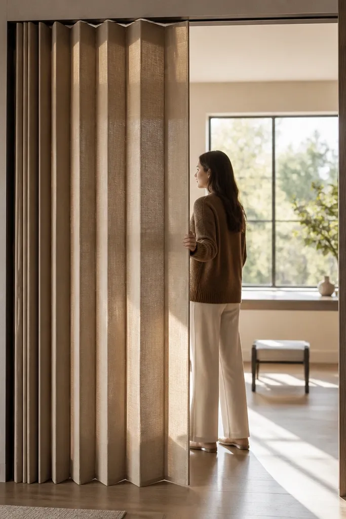 Curtain panels that fold like a screen on a side rail for a sliding door