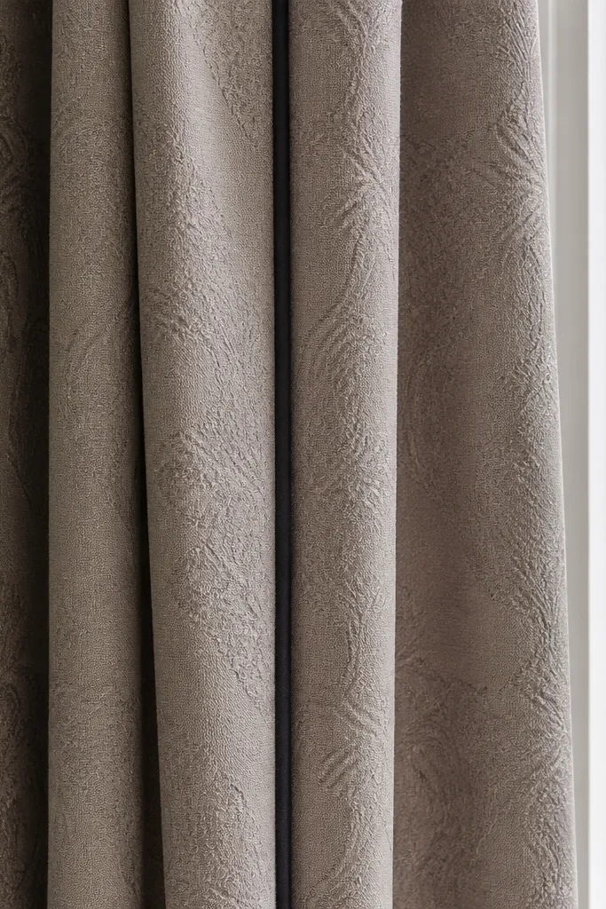 Jacquard curtain panels with contrast piping framing a sliding door