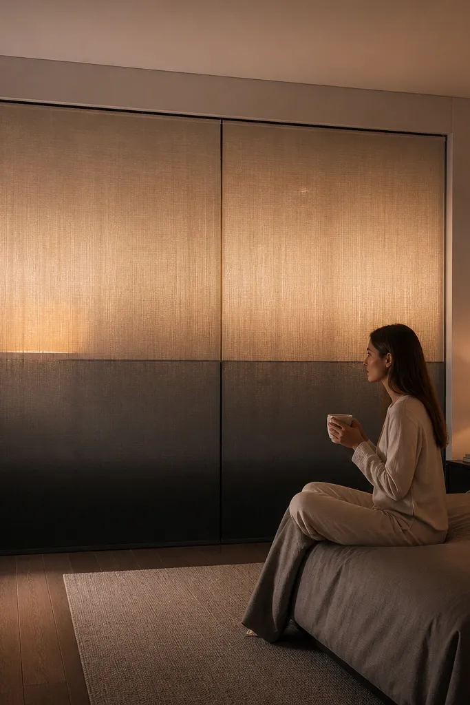 Gradient curtains from sheer to dark blackout over a sliding door