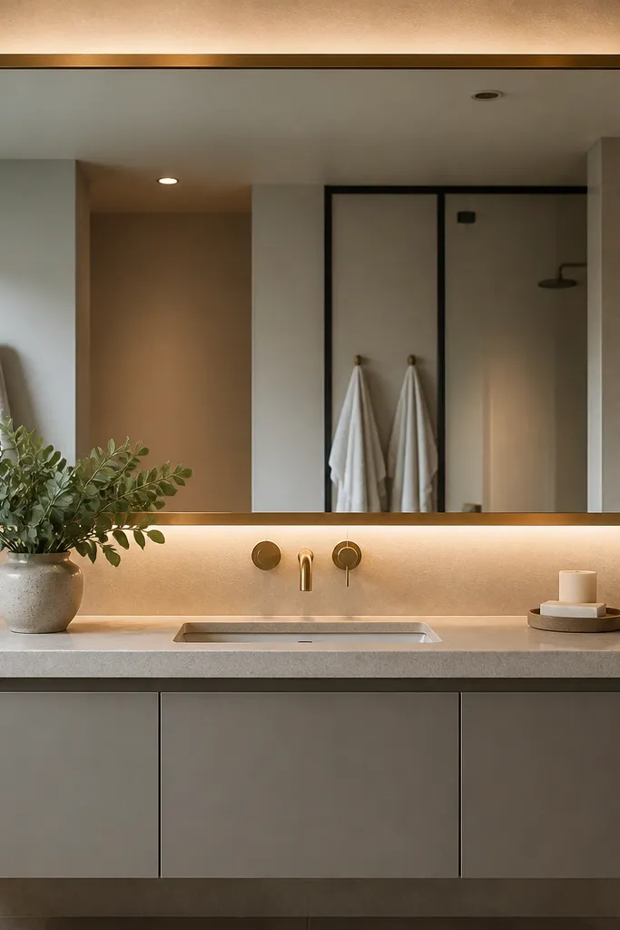 Framed mirror with brushed brass trim above a floating dark vanity