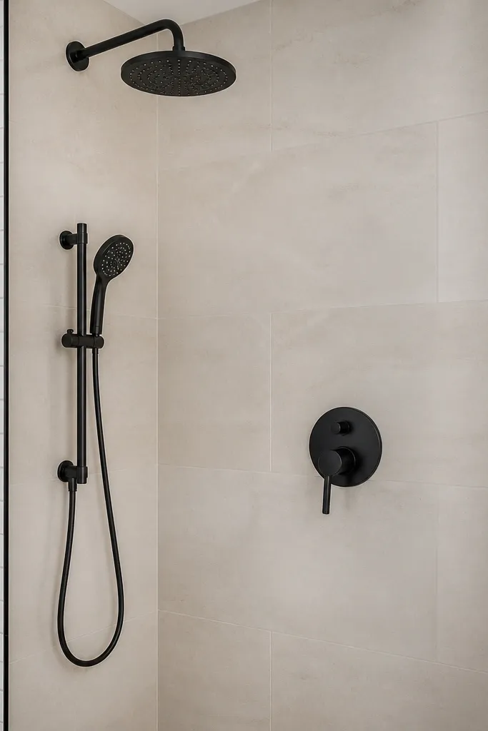 Matte black shower head and trim with white subway tile and a crisp border line