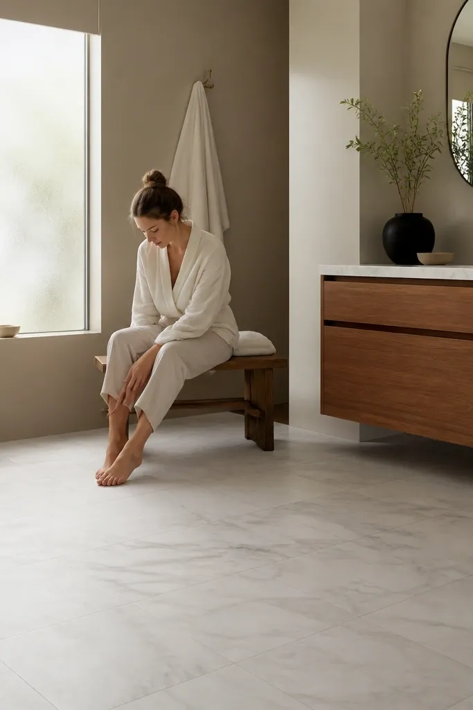 Warm greige painted bathroom walls with small marble-look floor tiles