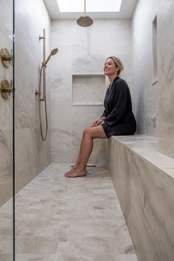 Shower bench with stone-look tile, coordinated with floor tile pattern