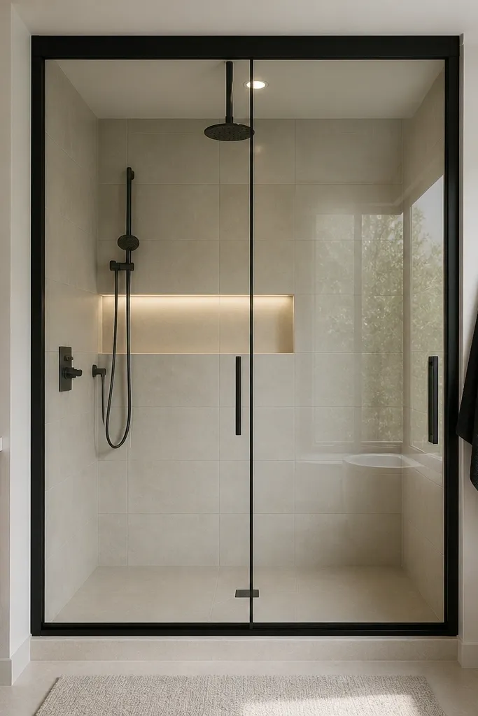 Black-framed glass shower door with straight, clean lines