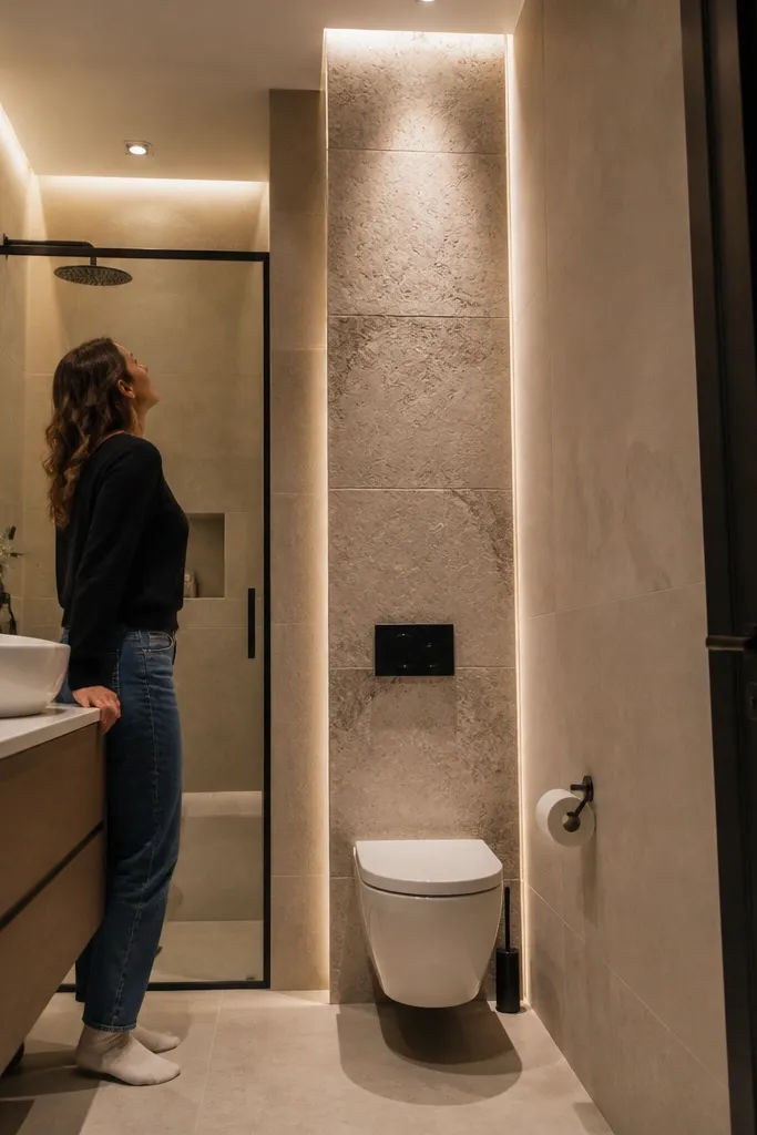 Narrow vertical tile column behind toilet reaching close to ceiling