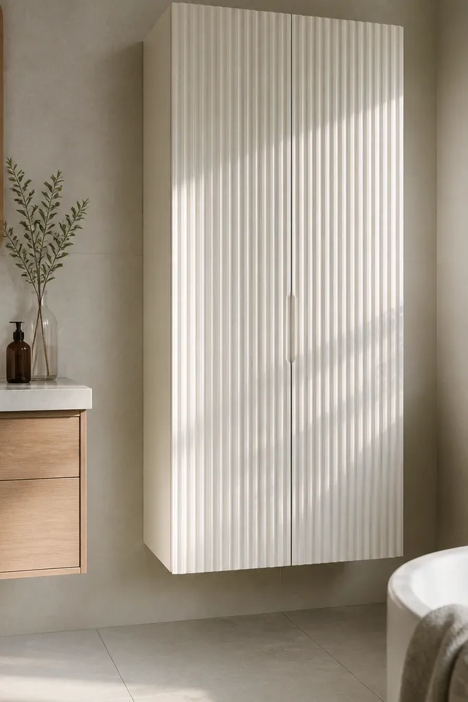 Small floating wall cabinet with vertical slat doors and warm wood accents