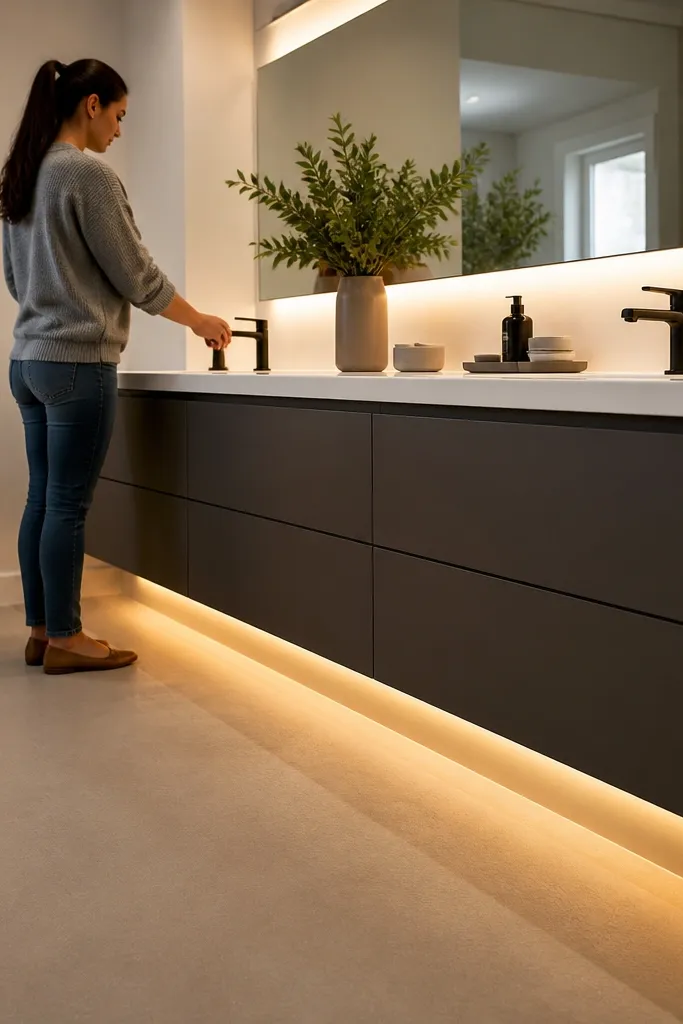 Floating vanity with warm LED light glowing along the toe-kick