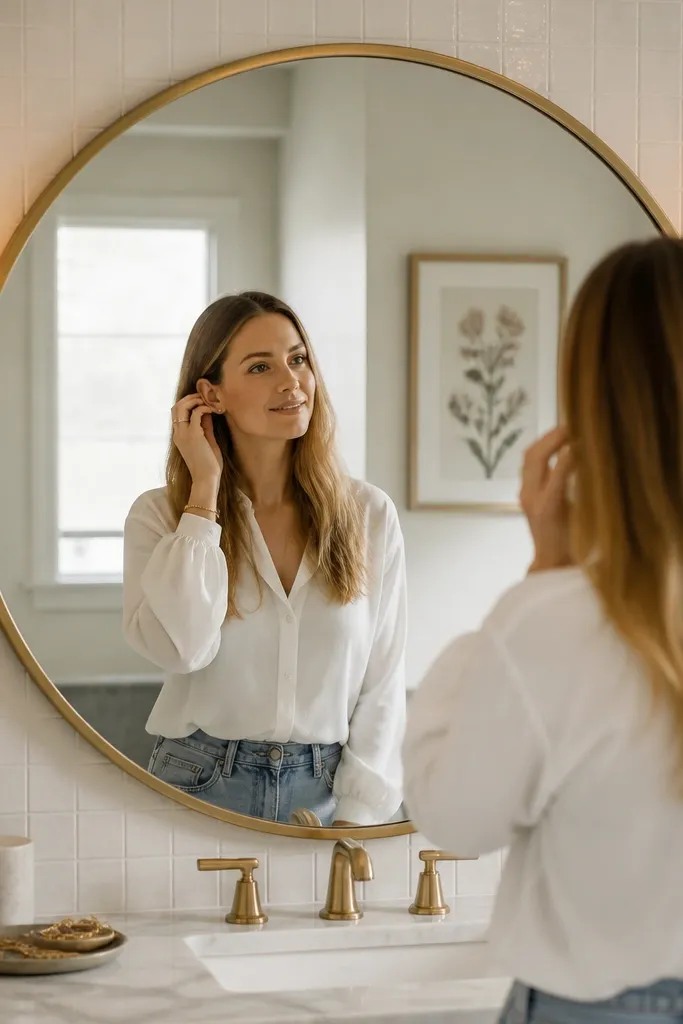 Large round mirror with thin champagne frame above a light vanity