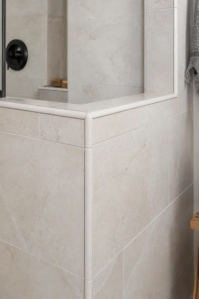 Matte porcelain tile walls with smooth bullnose corners and clean edges
