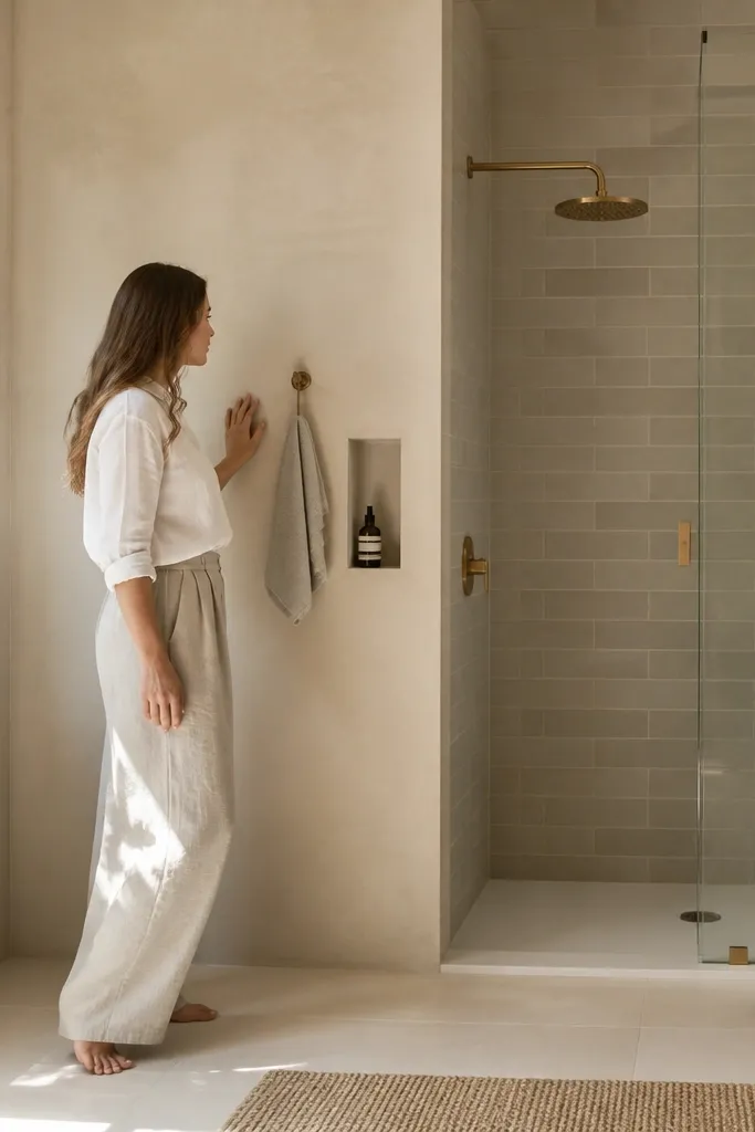 Soft textured limewash look on dry wall with clean waterproof shower tile