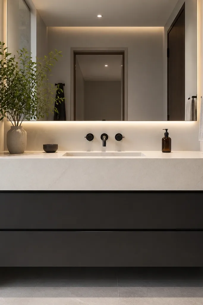 Dark vanity cabinet with light quartz top and waterfall edge