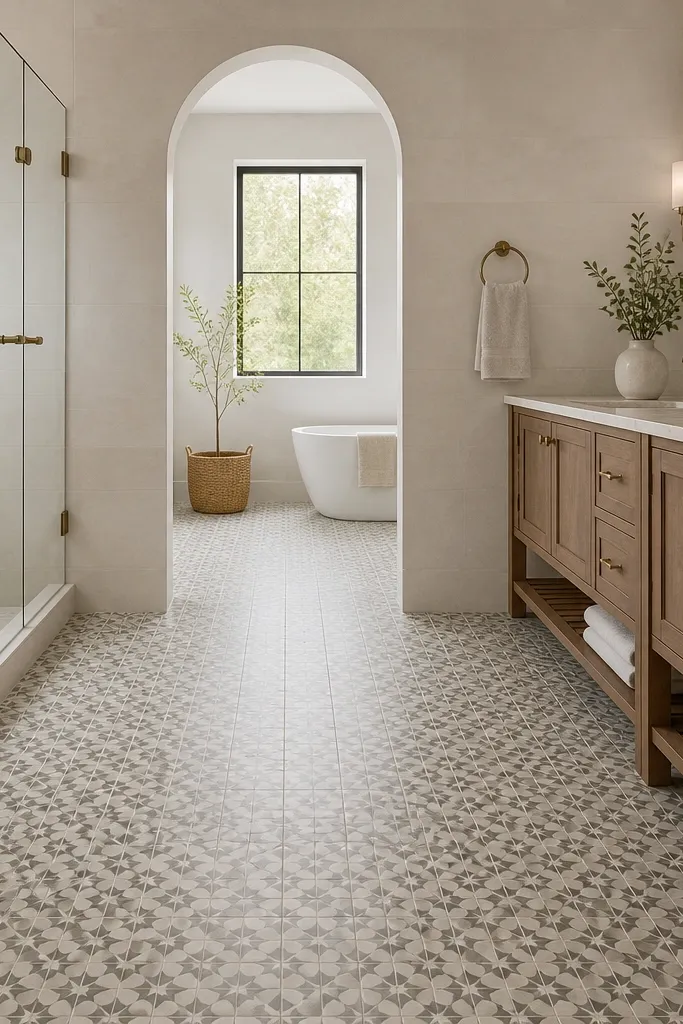 Small bathroom floor with patterned tile, calm solid wall paint