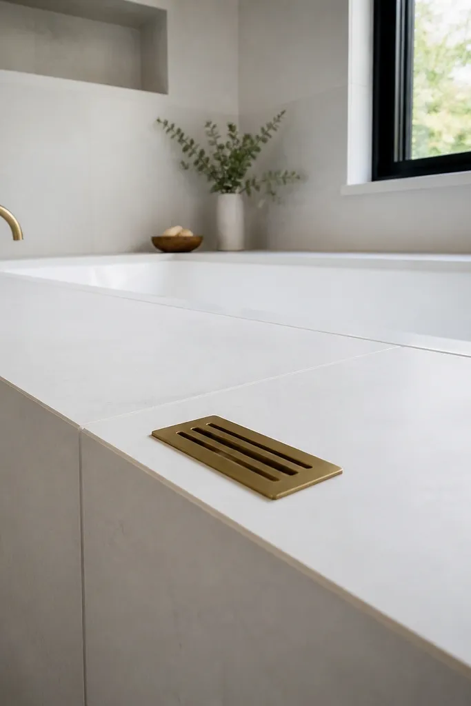 Matte white tub with simple tile surround and brass drain cover