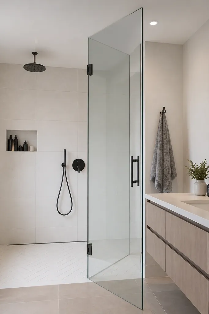 Shower area with pivot glass panel and frameless clean edges
