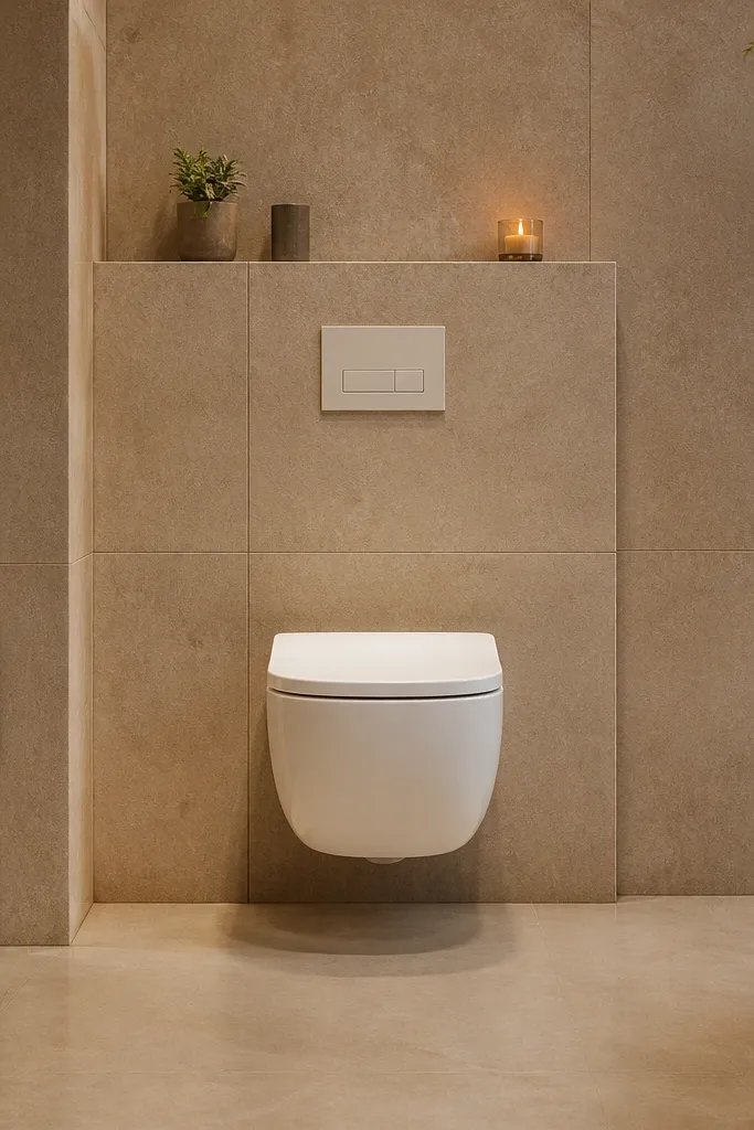 Wall-hung toilet with a clean tiled wall behind it