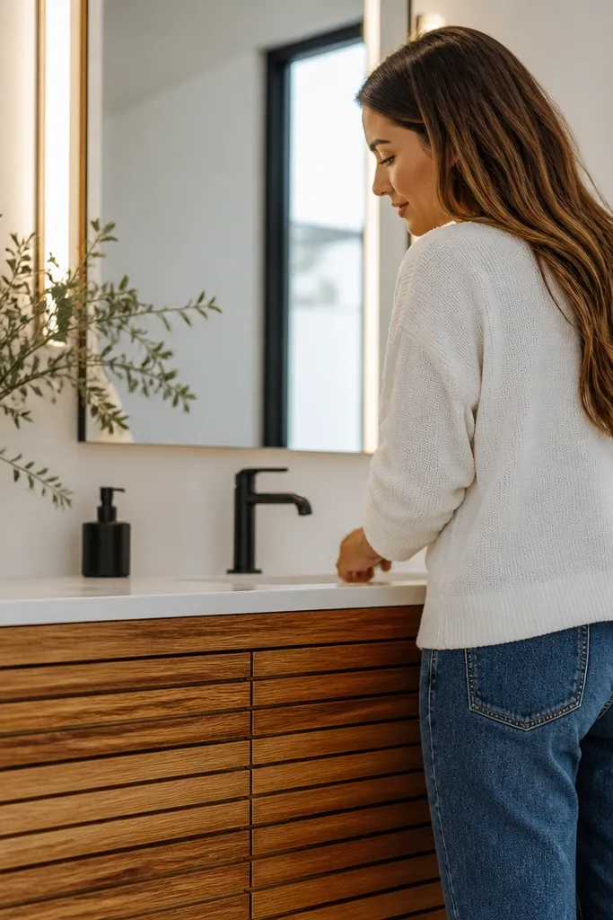 Warm wood vanity with slatted doors, white countertop, and black faucet