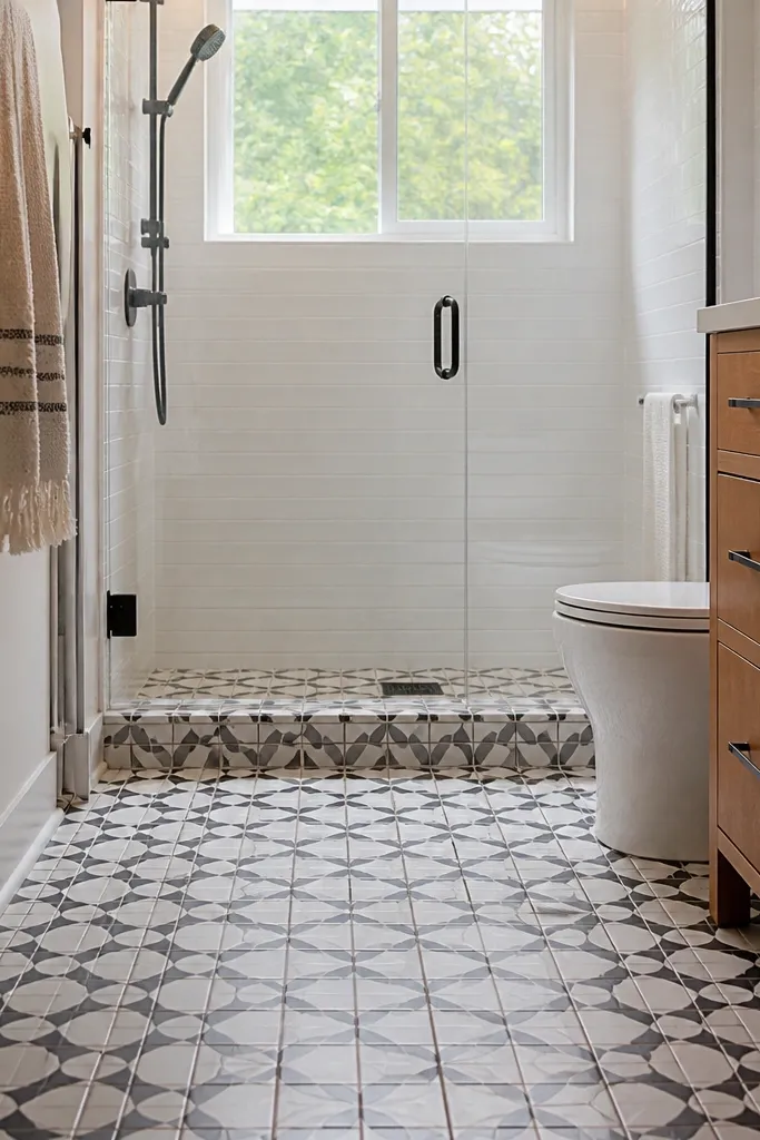Geometric floor tile with matching geometric tile on the shower curb