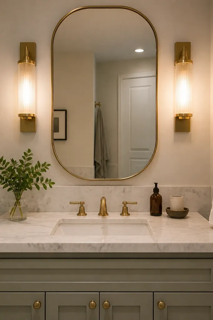Two matching vanity sconces with glass shades above a mirror
