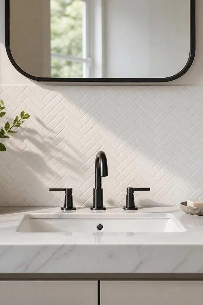 Matte white herringbone tile backsplash behind a small sink vanity