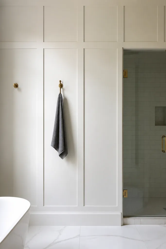 Small bathroom wall with ceiling-high painted paneling and clean trim