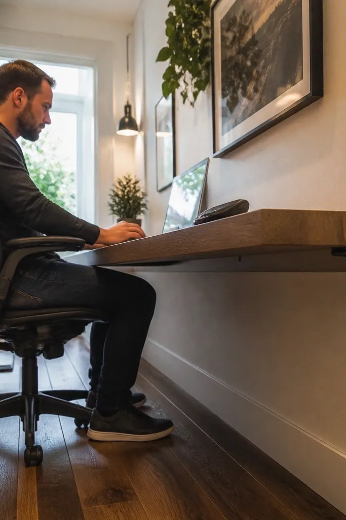 Wall-mounted floating desk with a clean cable grommet