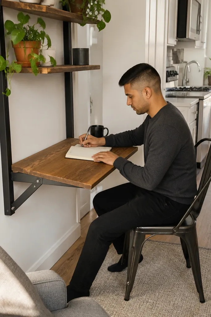 Small drop-leaf desk folded down against the wall