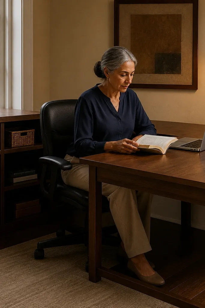 Compact L-shaped desk with storage shelf on one arm
