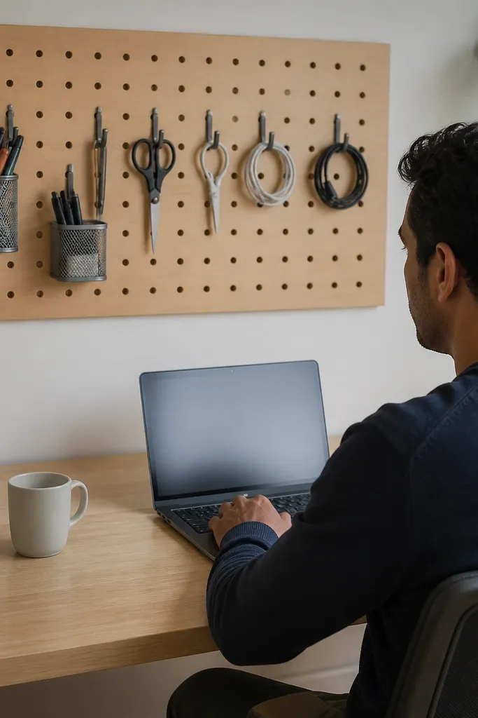 Pegboard panel behind desk with hooks for supplies