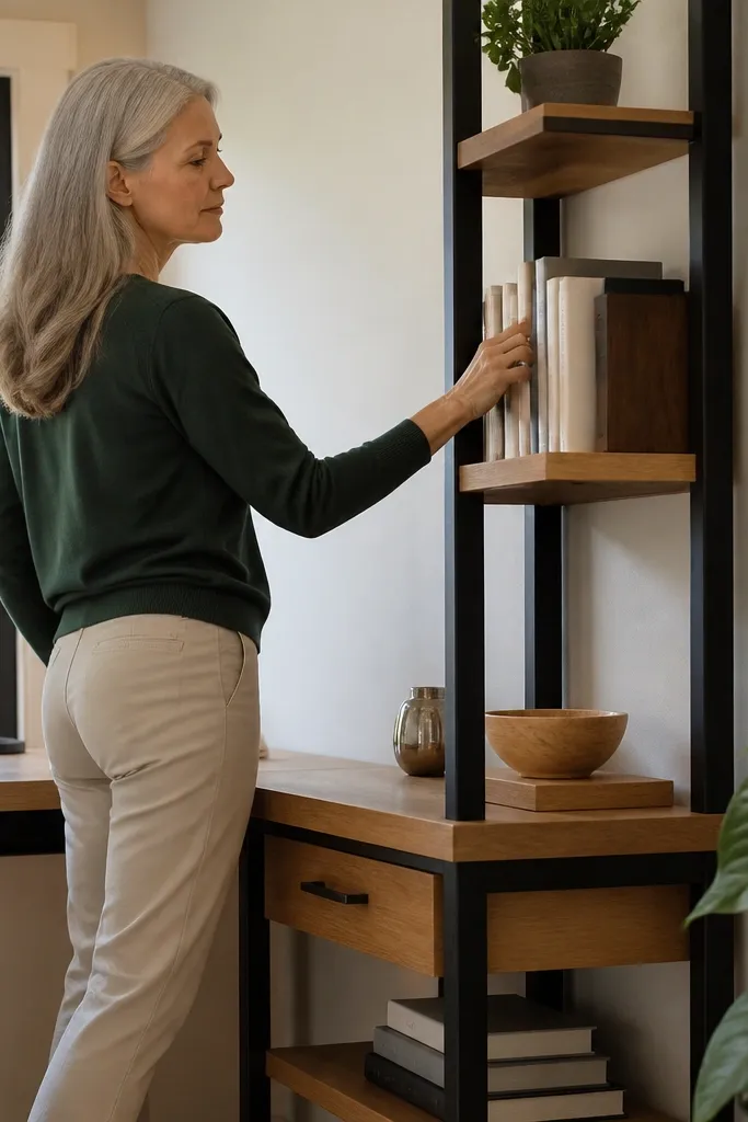 Tall slim cabinet attached to desk side with open shelves