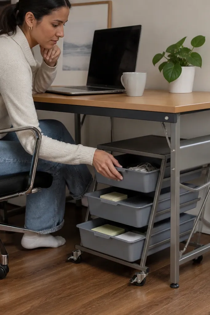 Small rolling cart under desk with labeled bins