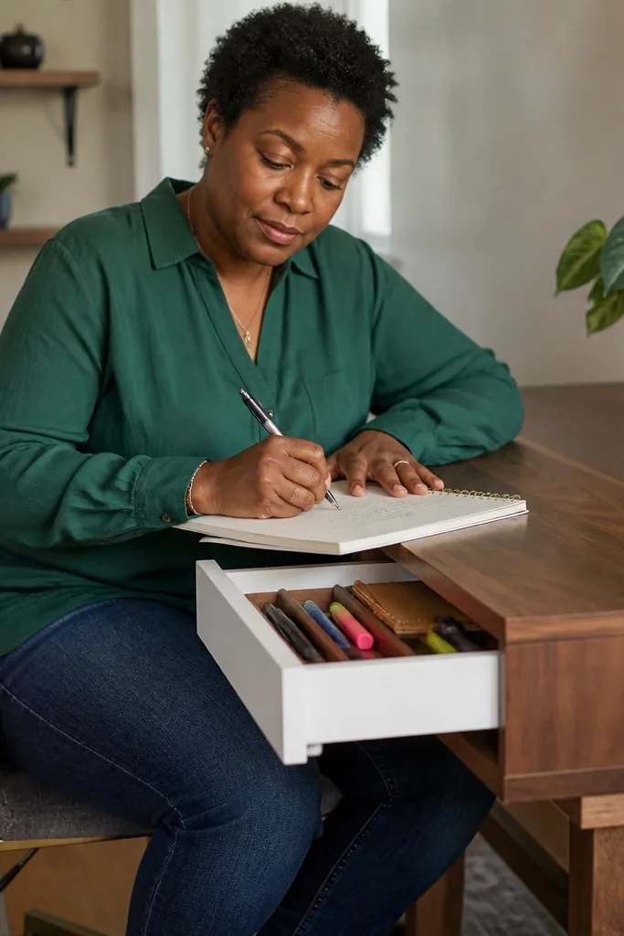 Small corner drawer under desk edge with smooth slide