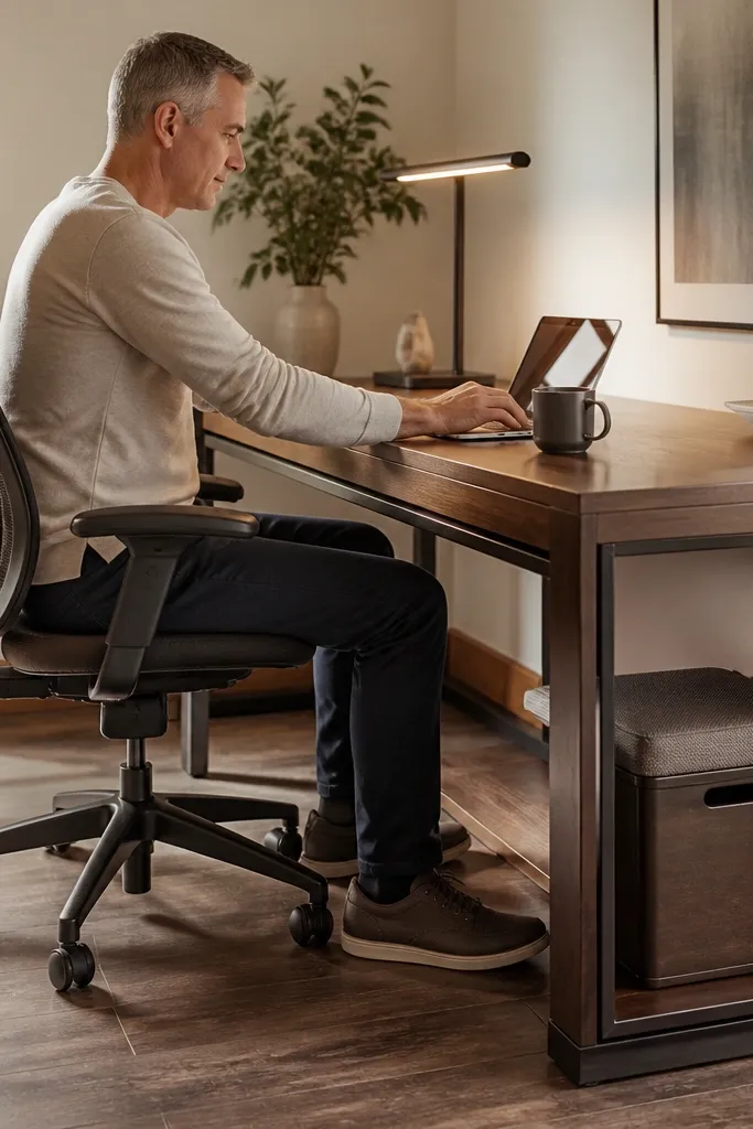 Slim desk with a side niche for a compact stool