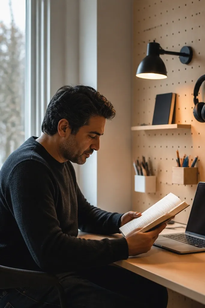 Small desk with pegboard backing and mounted reading light