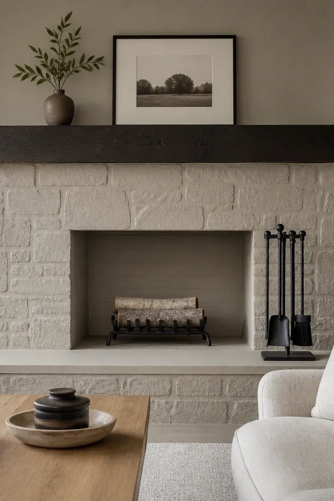 Greige painted stone fireplace with no visible grout contrast