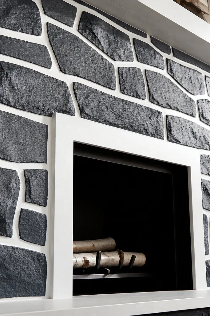 Charcoal painted stone with bright white linework in recesses