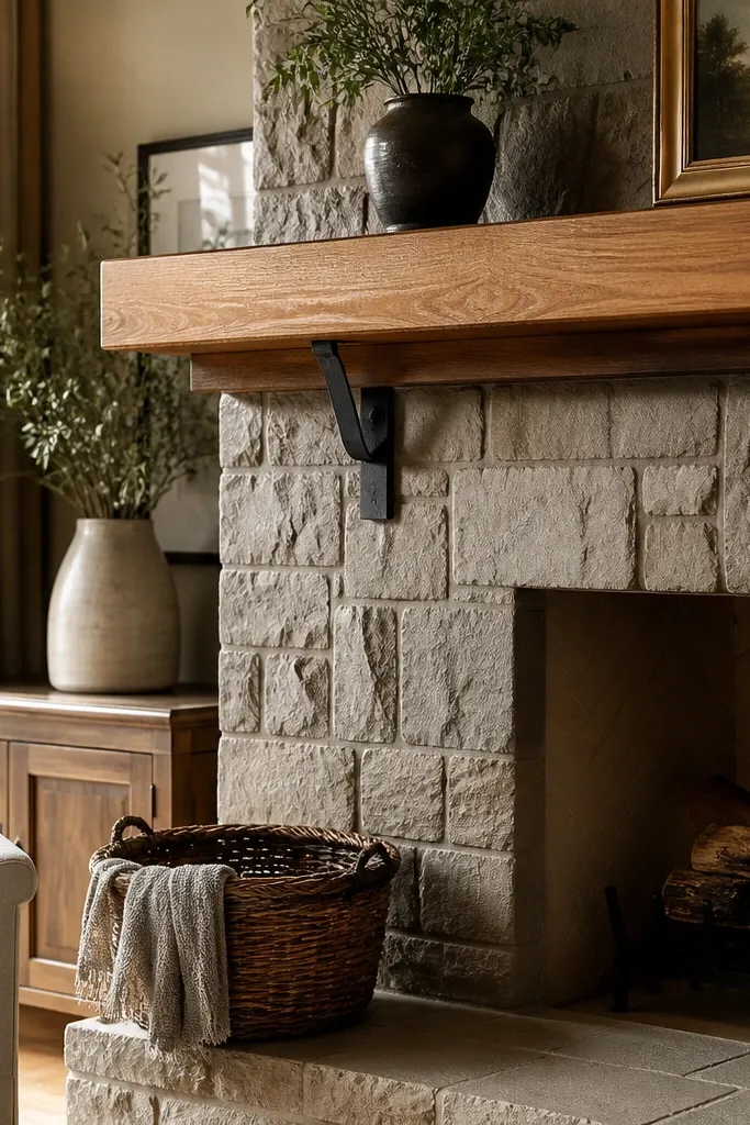Warm taupe painted stone fireplace with brown mantel tones