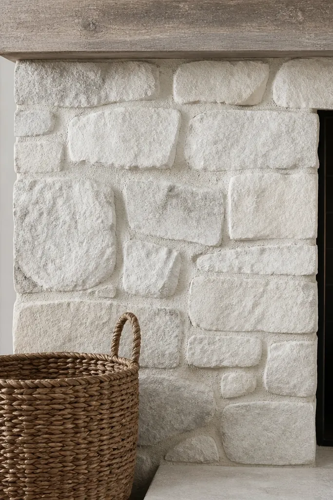 Antique white stone with faint limewash greenish recess shading
