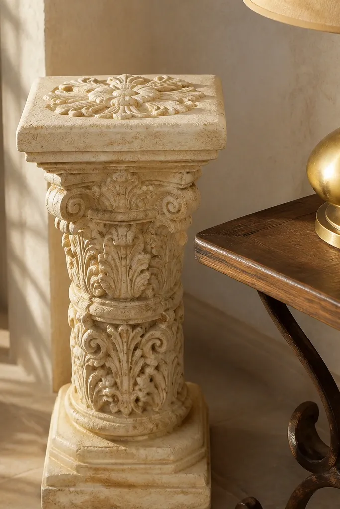 Ivory painted stone with subtle sand glaze in recesses